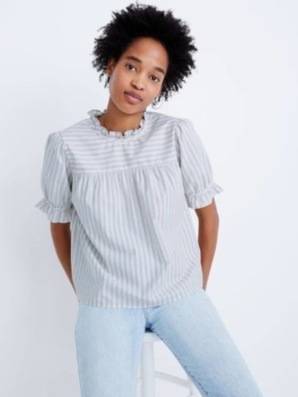 MADEWELL Ruffle-Neck Keyhole Top Chambray Stripe S